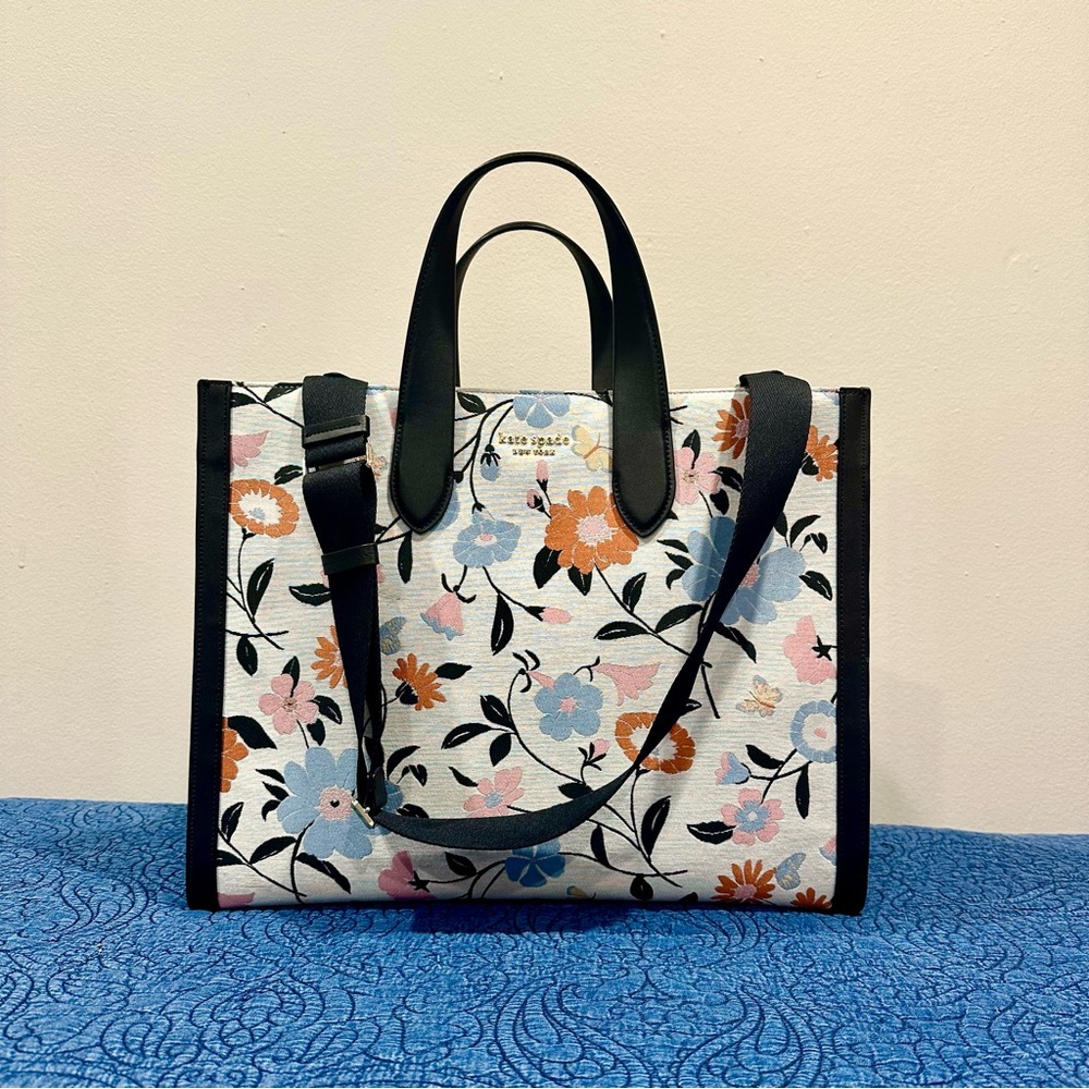 Kate Spade Jacquard Manhattan Tote in Floral Multicolor with Black Leather Trim - Picture 3 of 7